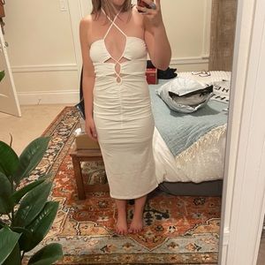 White crisscross halter bodycon midi dress w/ slit